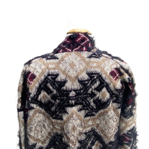 NWOT BCBGMaxazria Fuzzy Eyelash Tribal Cardigan Sz M Burgundy Black Duster Gems - Picture 11 of 15